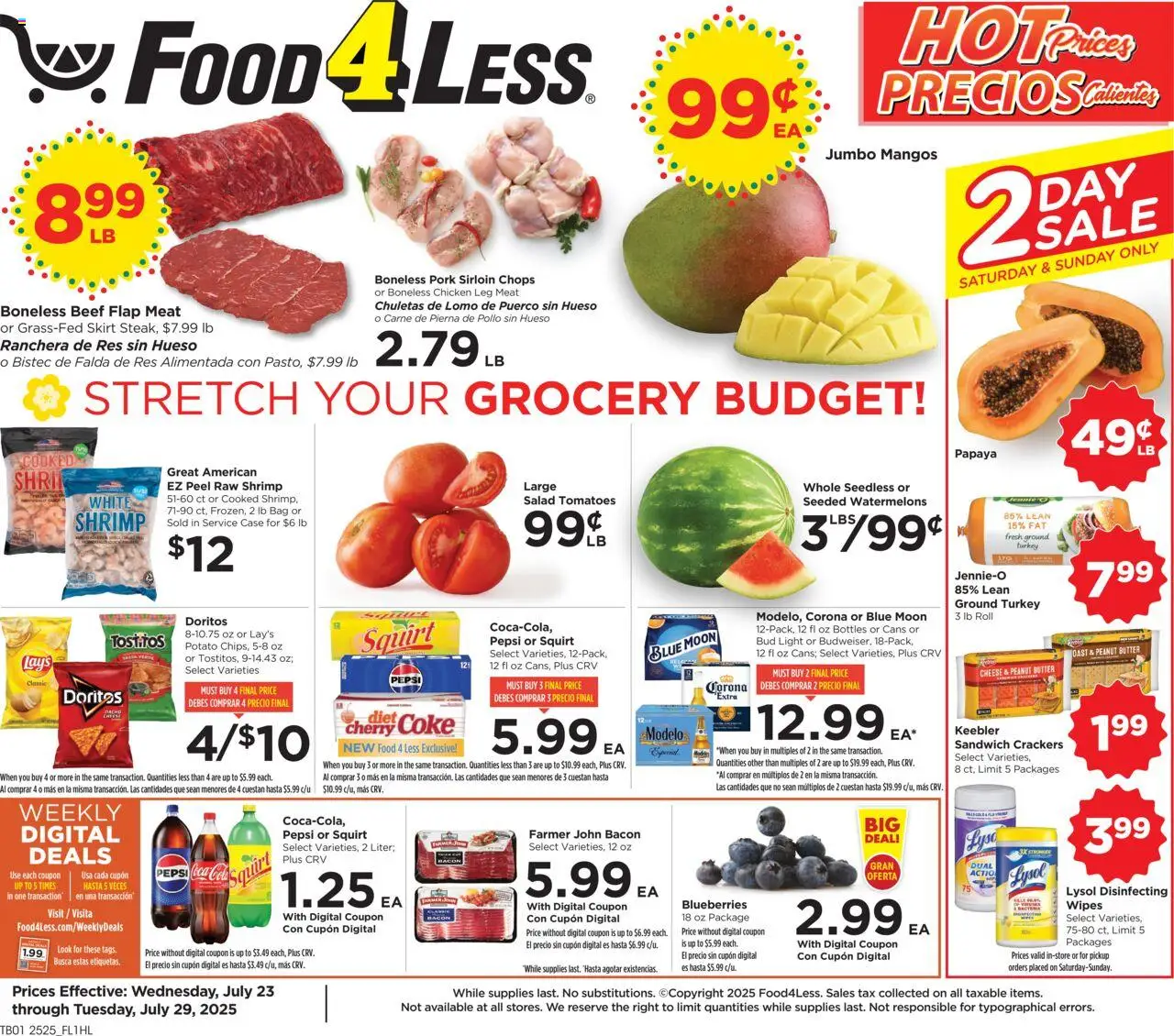 Food 4 Less Weekly Ad - valid from 23.07.2025 | Page: 1 | Products: Butter, Pork, Case, Bag